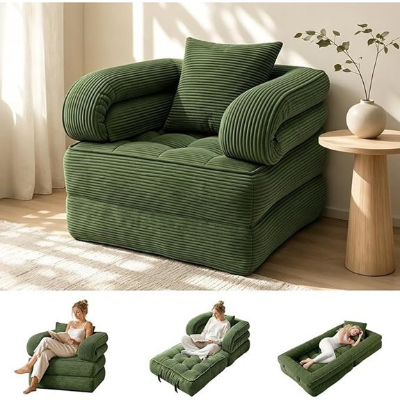 Folding Corduroy Sleeper Sofa Bed with Pillow (Dark Green)